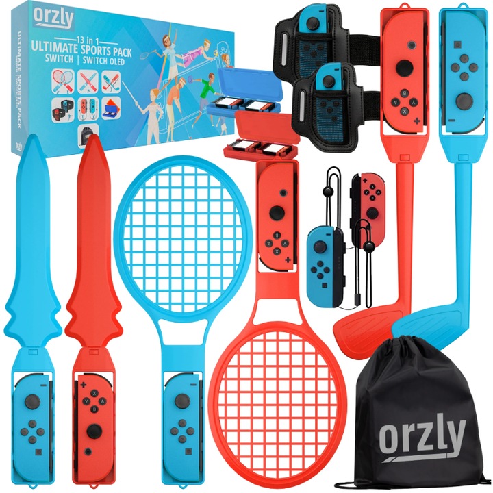 Orzly 13 az 1-ben Switch sportkiegészítő csomag Nintendo Switch és Switch OLED sportjátékokhoz teniszütőkkel, golfütőkkel, kardokkal, futballlábpántokkal és Joycon markolatokkal – hordtáskával