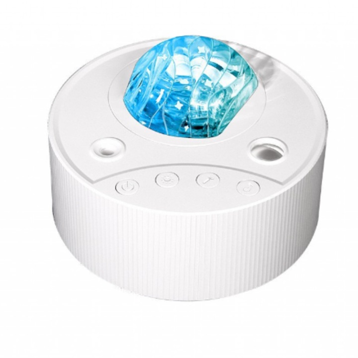Детска нощна лампа, Лазерен RGB проектор, Звездно небе, Светлина, Релаксиращи природни звуци, Бял шум, 128х128х96 милиметра, Цвят: Бял