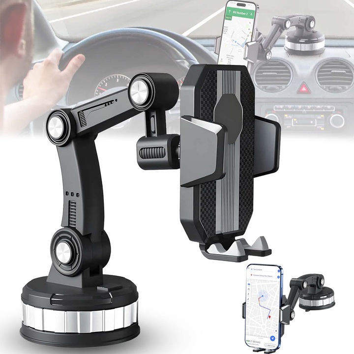 Suport telefon auto, universal, rotire 360°, material ABS, negru