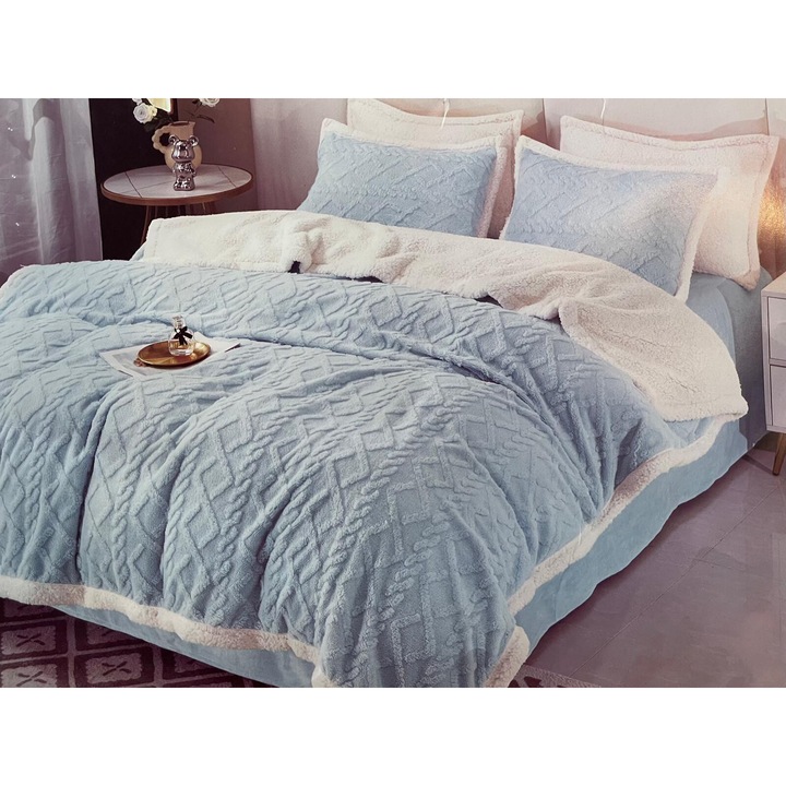 Lenjerie De Pat Cocolino, Crosetata, Cu Blanita, 4 Piese, 200x230cm Albastru deschis Super Elegant Pucioasa