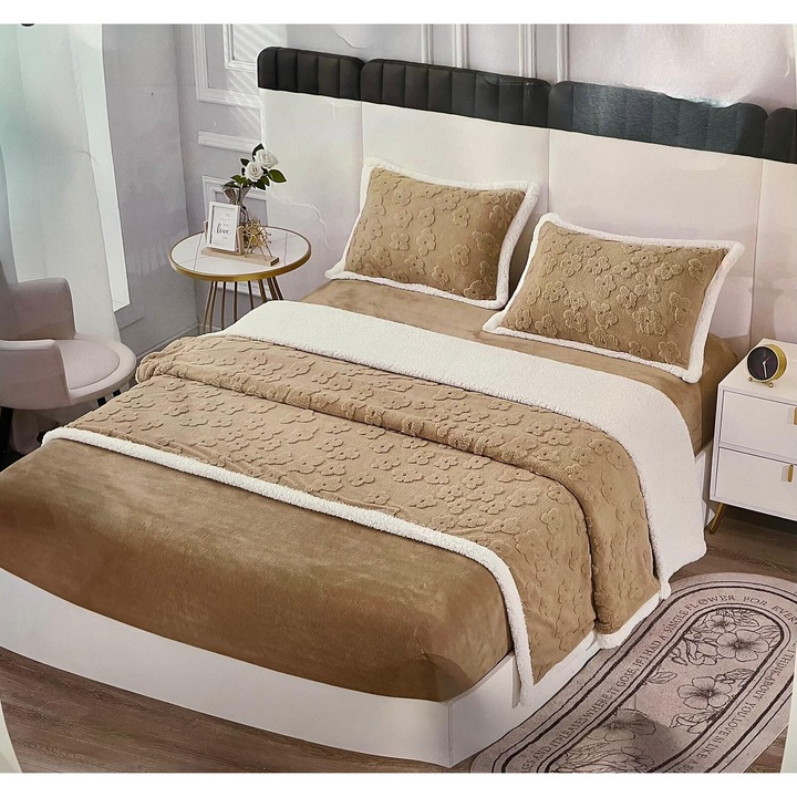 Lenjerie De Pat Cocolino cu Elastic, Crosetata, Cu Blanita, 4 Piese, 200x230cm BEJ Super Elegant Pucioasa