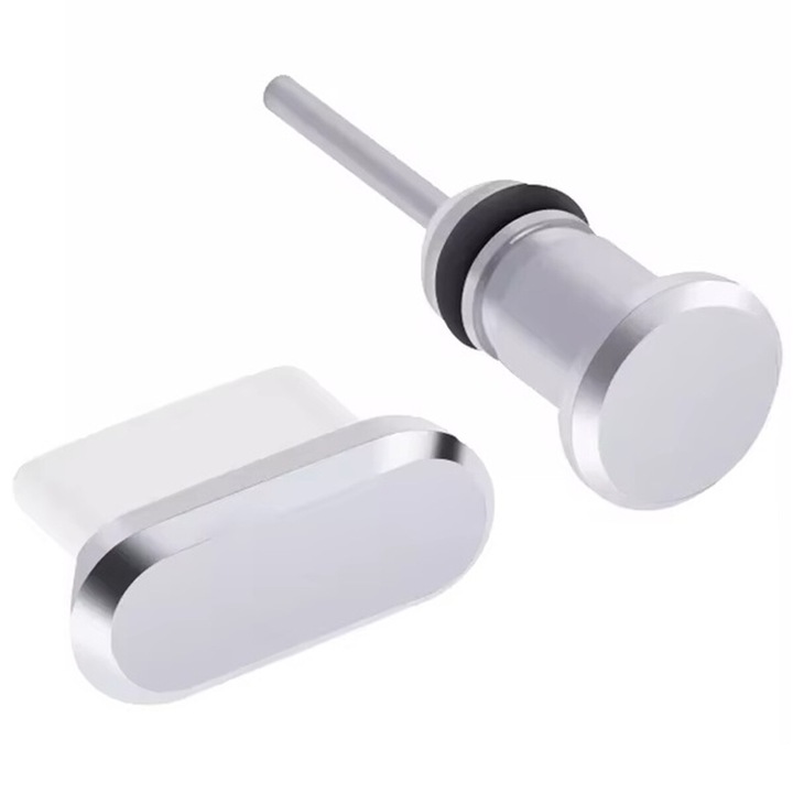 Set mufe pentru protectia porturilor dispozitivelor impotriva prafului si murdariei, Zola®, eficient pentru porturile USB-C si AUX, plastic si metal, argintiu