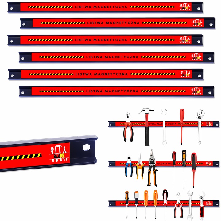 Set 6 Banda magnetica, Novaza Tech, Suport perete pentru unelte, Capacitate de incarcare 13 kg, Rezistenta la coroziune, Montare usoara, 46x2.5cm Negru/Rosu