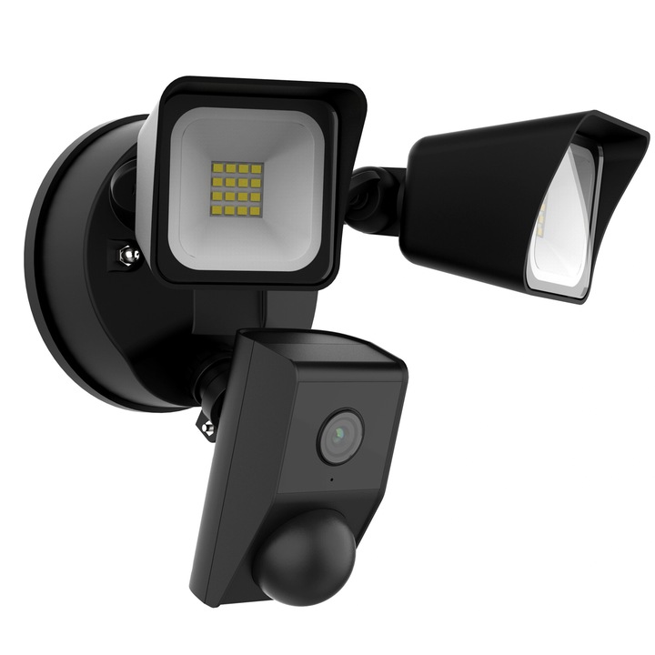 Интелигентна охранителна светлинна камера, Full HD 1080p камера - 10m IR нощно виждане, 120° PIR детекция на движение, двупосочен звук, 110dB силна сирена, Wi-Fi 2.4G, SD/Cloud Storage, IP65, светлинен поток 2300lm, управление от телефон, черен