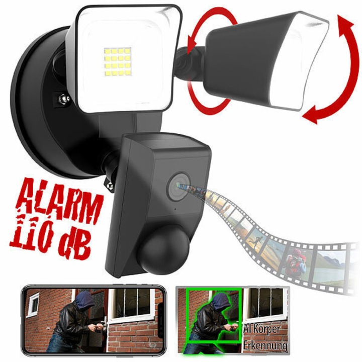 Camera cu Proiectoare de Securitate Smart ALQUALITY® Camera Full HD 1080p - Viziune Nocturna IR 10m, Detectie Miscare PIR 120°, Audio Bidirectional, Sirena Puternica 110dB, Wi-Fi 2.4G, Stocare SD/Cloud, IP65, Flux Luminos 2300lm, Control de pe Telefon