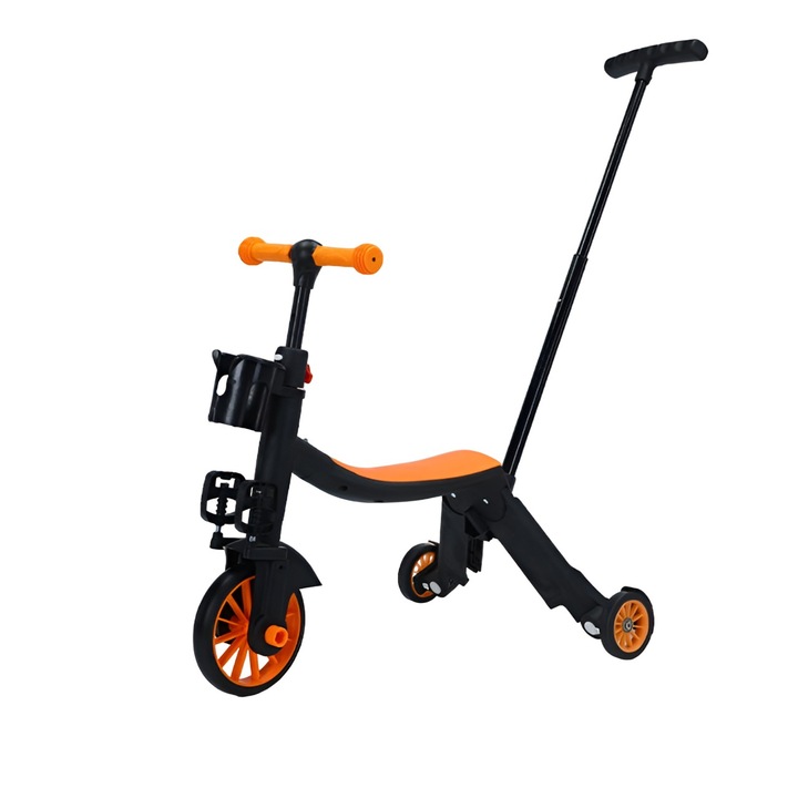 Bicicleta 8 in 1, toolsy, Transformabila, Multifunctionala, Reglare Inaltime, cu Maner de Impingere Detasabil, Tricicleta, Trotineta, 3 Roti, Pedale, Cosulet, 3-6 Ani, Portocaliu