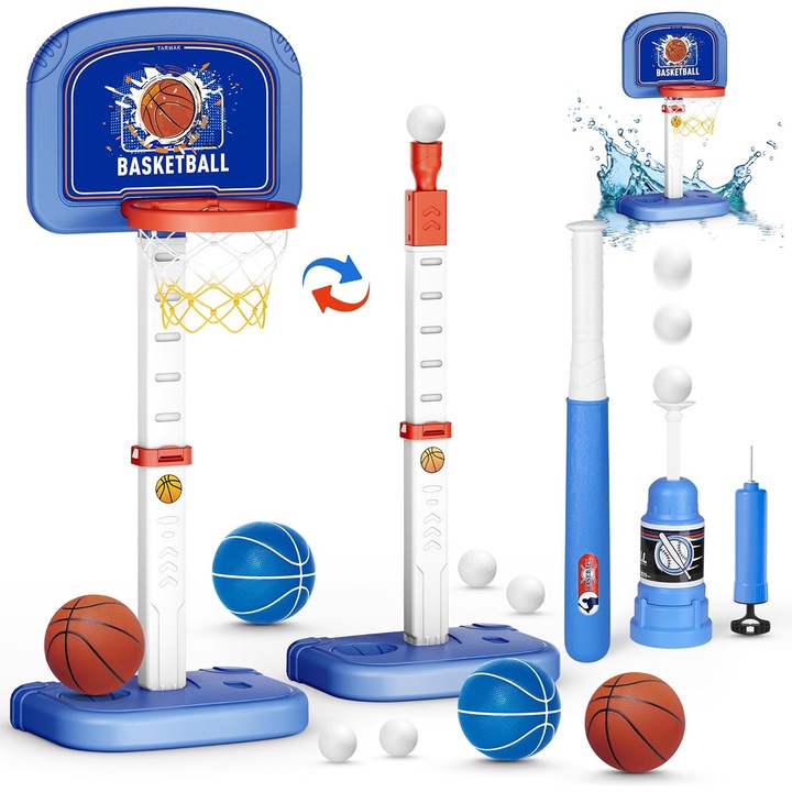 Детски баскетболен и бейзболен баскетболен комплект 2 в 1 с бухалка, основа за изстрелване, помпа, топки, стойка с регулируема височина, стабилна основа, за закрито и за закрито, многофункционален