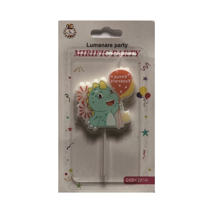 Lumanare tort, multicolor, 11 cm, dinozaur, happy birthday, PPLZ2746