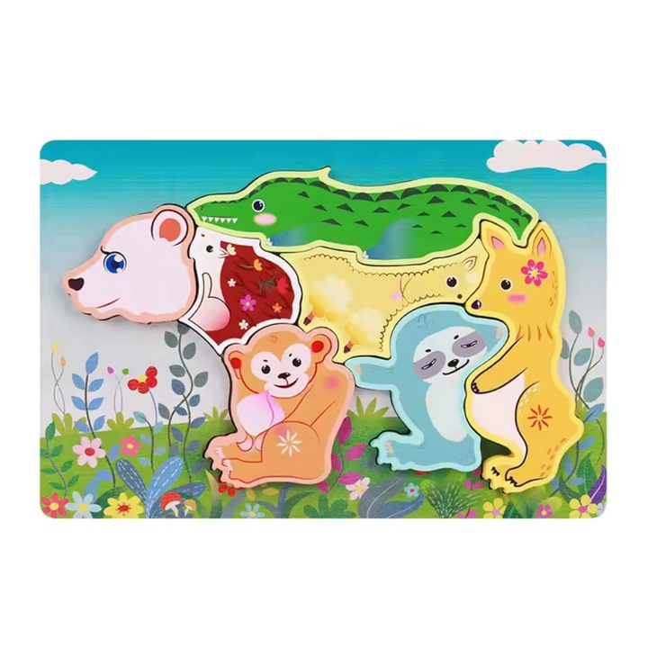 Puzzle din lemn Animale, 6−7 elemente, model random