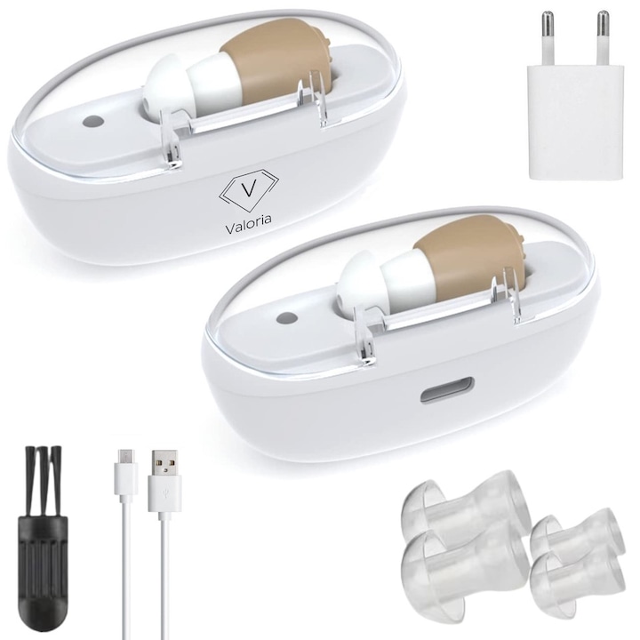 Слухов апарат Valoria™, Автономност 50 часа, 130 dB, Усилвател на Звук за Средно-тежка Загуба на Слуха, С USB Кабел, Зарядно Устройство, Четка за Почистване и 4x Включени Накрайника