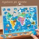 Puzzle magnetic harta lumii cu animale, PROCART, 168 piese, tablita cu snur agatare pe perete, multicolor, 41x55 cm
