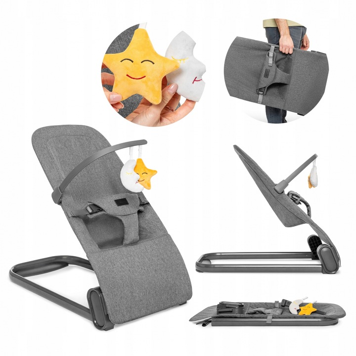 Balansoar pentru copii, Kidnort, ergonomic, cu centura de siguranta, bara de protectie detasabila, pliabil si usor de transportat, Vinbar Grey