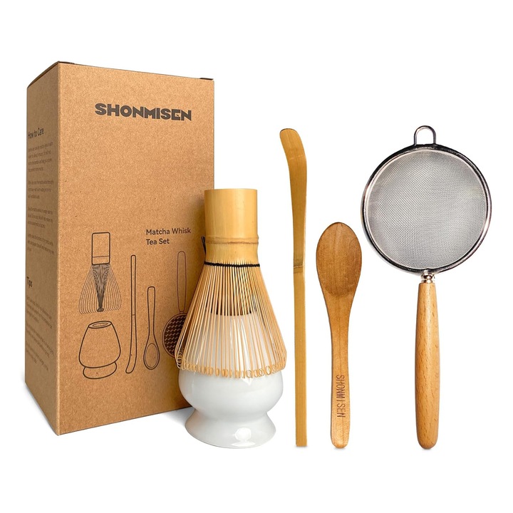 Set de ceai japonez Matcha 5buc, ceramica/bambus, Chibrit din bambus Un set de teluri - chibrit A tel, suport pentru tel, sita, lingura de ceai si lingurita, OUYLAF