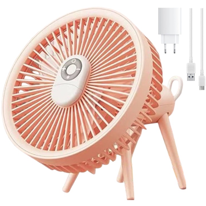 Ventilator cu telecomanda si lampa LED, portabil si reincarcabil USB, 4 viteze, putere 8W, acumulatori 4000mAh, pentru birou, dormitor, terasa, camping, roz