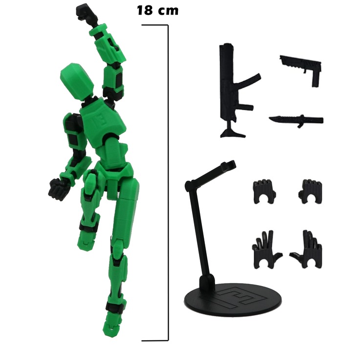 Robot figura illesztésekkel, 3D nyomtatott, Dummy 13 XXL - 18cm + állvány, zöld