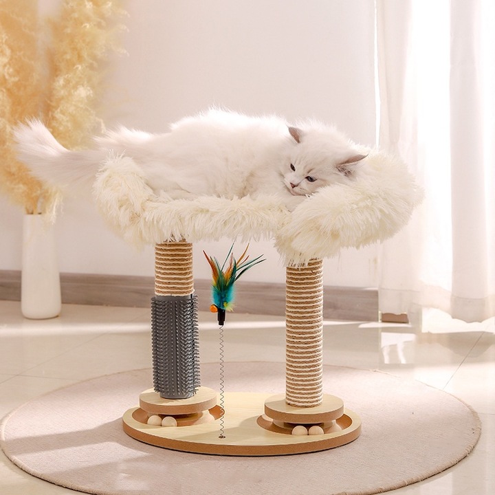 Jucarie pentru pisici MWAOWM, set cu doua niveluri, din lemn, cu posturi de zgariat si mingi de sisal, gri