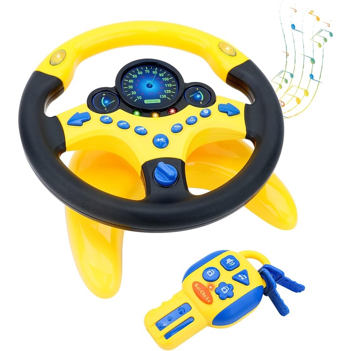 Мултифункционален волан и интерактивен ключ KiddyCar™ с реалистични светлини и звуци, въртене на 360°, клаксон, сирени, скоростомер, индикатор за гориво, аварийни светлини, симулатор на шофиране, вендузи за стена или кола, черно/жълто