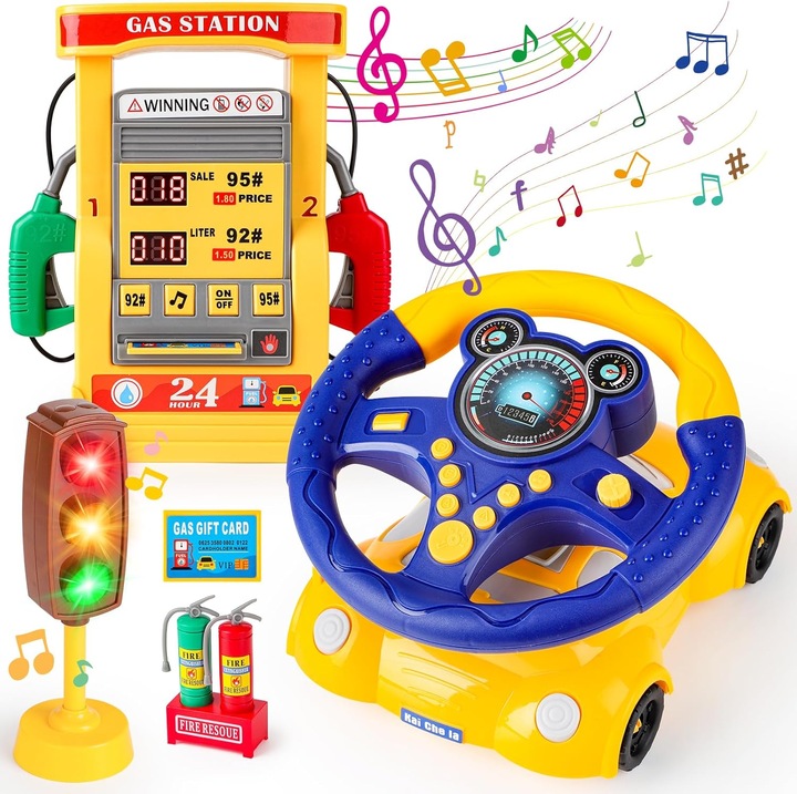 Masina cu Volan Interactiv si Statie Peco SuperDrive™ Lumini si Muzica, Semafor, Card Combustibil, Doua Extinctoare, Efecte Sonore Realiste, Volan Rotativ 360°, Roti Sclipitoare, Jucarie pentru Invatare si Distractie, Blue/Yellow