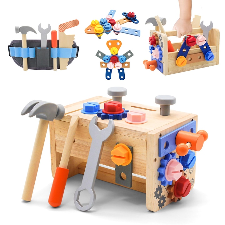 Set unelte din lemn 39 piese cu centura pentru copii, HNSMART, multicolor, 3-6 ani