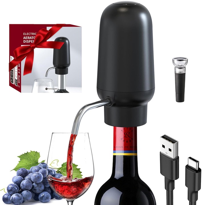 Електрически аератор за вино, интелигентен електрически декантер, презареждащ се диспенсър за вино и наливащо устройство, запушалка за бутилка вино с вградена вакуумна помпа за пестене на вино, подаръци за вино