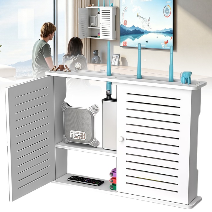 Suport pentru pluta router wireless RorAem, Raft suport Router Wireless, cu montare pe perete, cu Suruburi, Cutie Suport Router Wireless, pentru mascare fire si echipament WI-FI, Modern, Usor de instalat, Pentru bucatarie, birou, baie, Lemn, Alb