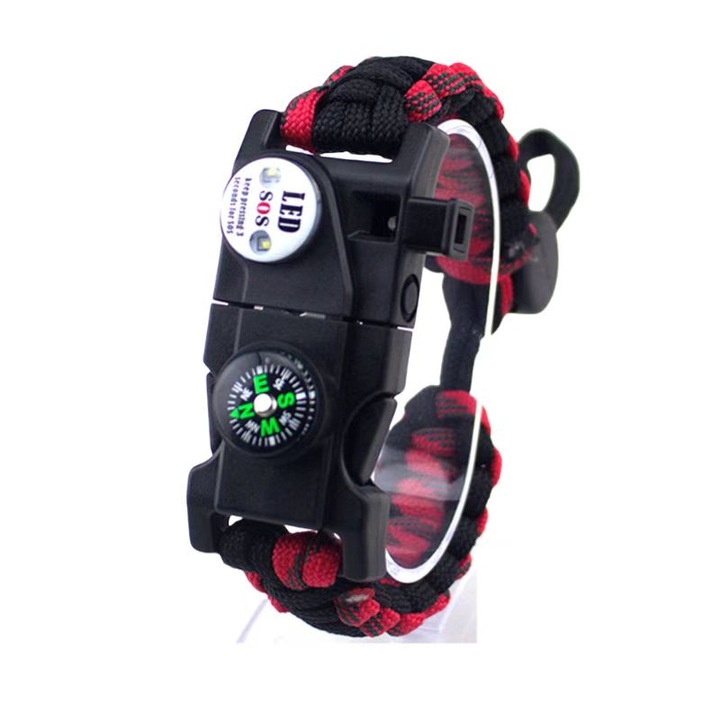 Bratara Paracord 9-in-1, set multifunctional cu busola, lumina LED, rosu/negru