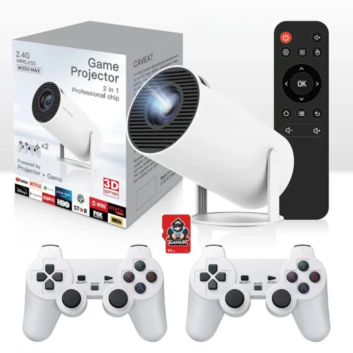 Видео проектор Smart M300 MAX, 9000 лумена, 260 ANSI, поддръжка на 4K Ultra HD, Android TV 14, автоматична корекция на изображението, Wi-Fi 2,4/5 GHz, Bluetooth 5.0., вграден високоговорител, 1028 игри, 2 безжични джойстика