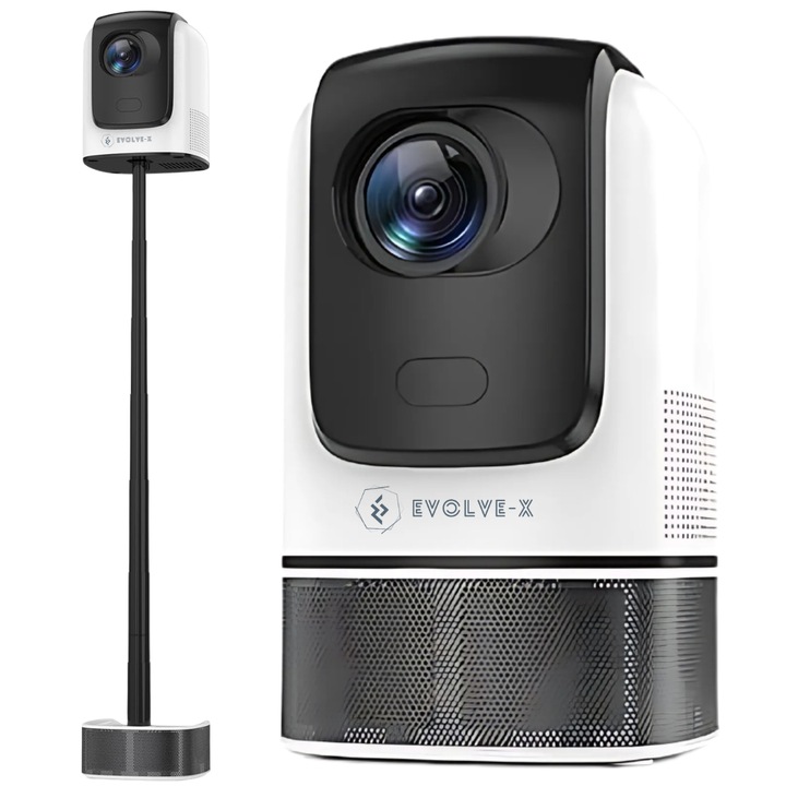 Evolve-x Преносим интелигентен видео проектор, 6500 лумена, 390 ANSI, Android, двоен Wi-Fi, Bluetooth, FullHD резолюция 1920 x 1080, поддръжка на 4K, HDMI, USB и Mirroring Android/IOS, вграден високоговорител, дистанционно, включен HDMI кабел, бял