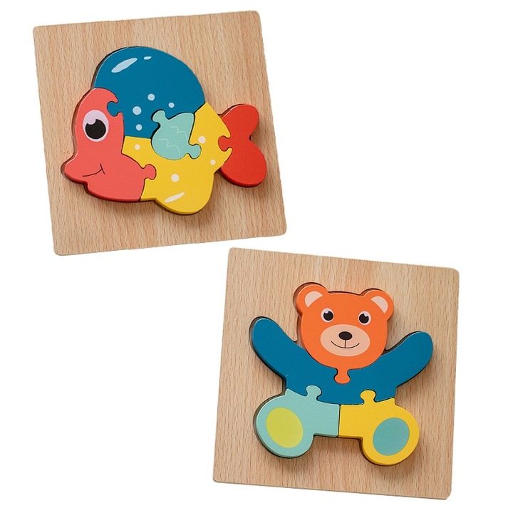 Puzzle din lemn 2 piese, panda si peste, 15x15x1.3cm, set pentru copii peste 3 ani