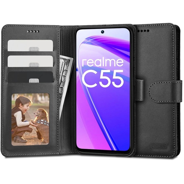 Telefontok, Tech-Protect Wallet, eco-bőr, fekete, Realme C55-höz, fekete