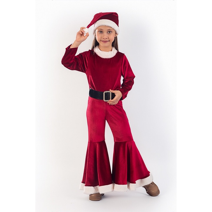 Salopeta Craciunita cu accesorii caciula si curea neagra, Rosu