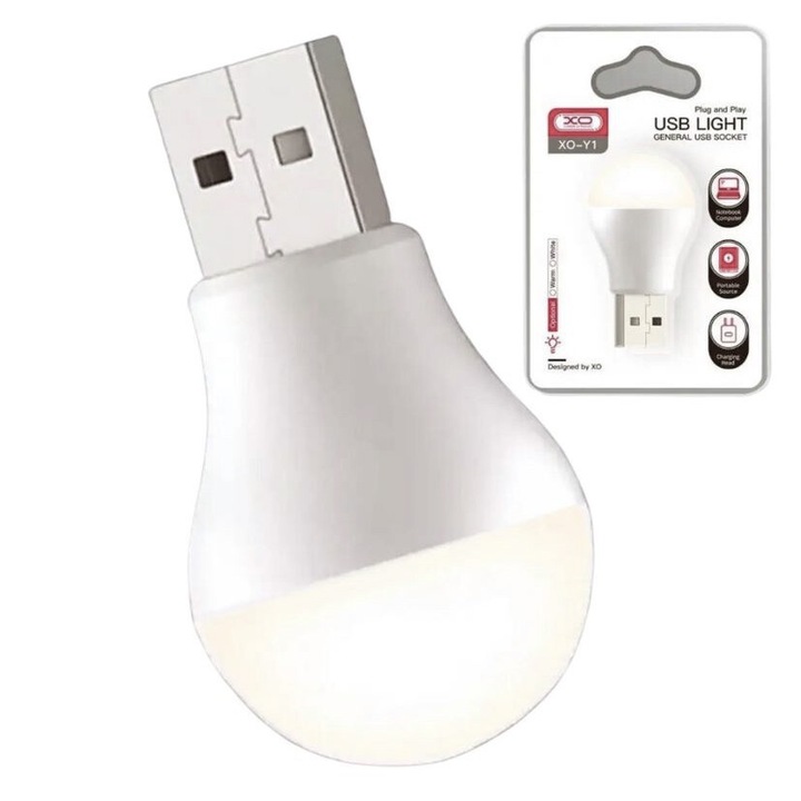 Bec Portabil cu Mufa USB, Model XO-Y1, Lumina de veghe 1W, Alb