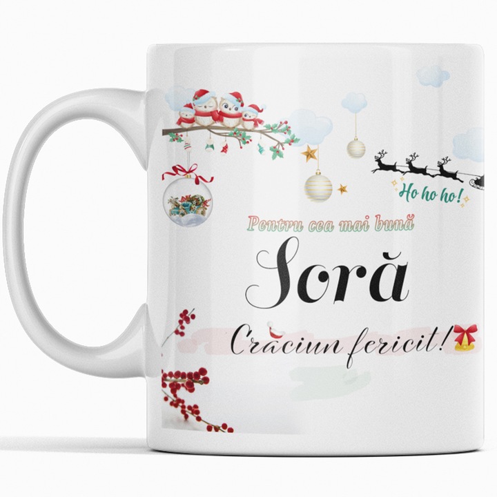 Set Cadou Pentru Sora, JOYSTOS, Cana Ceramica, Alba, 330 ml, Cu Mesaj de Craciun ”Cea mai buna Sora - Craciun Fericit”