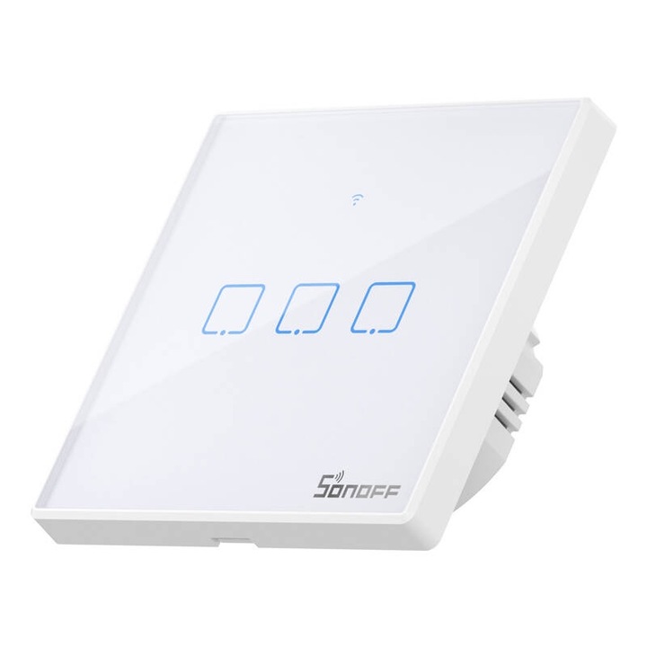 Intrerupator Smart Sonoff T2 EU TX, Varianta actualizata, 3 canale, Control prin aplicatie, Panou touch, LED, RF 433, WiFi, Alb