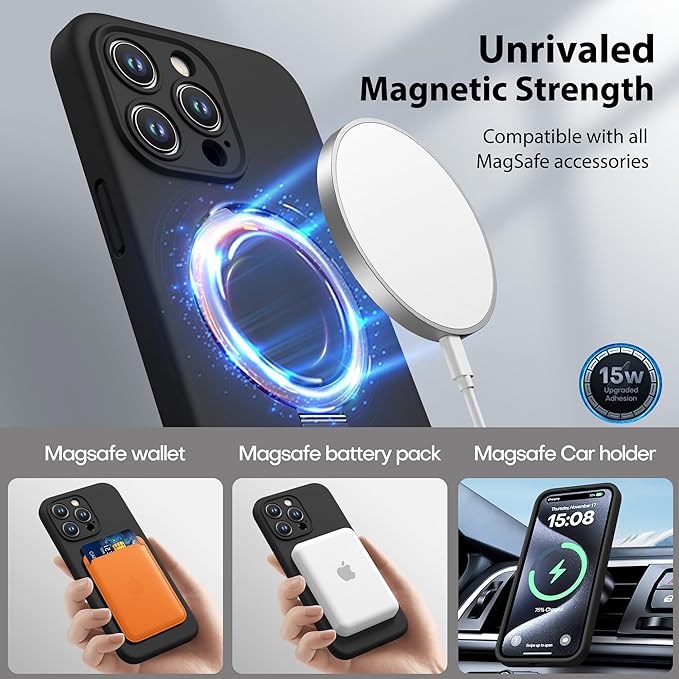 Husa piele pentru iphone 15 Pro Max, MingZhi®, Silicon Leather Case, interior microfibra, Compatibil cu husa cu suport cu inel magnetic MagSafe cu protectie completa pentru camera, neagra