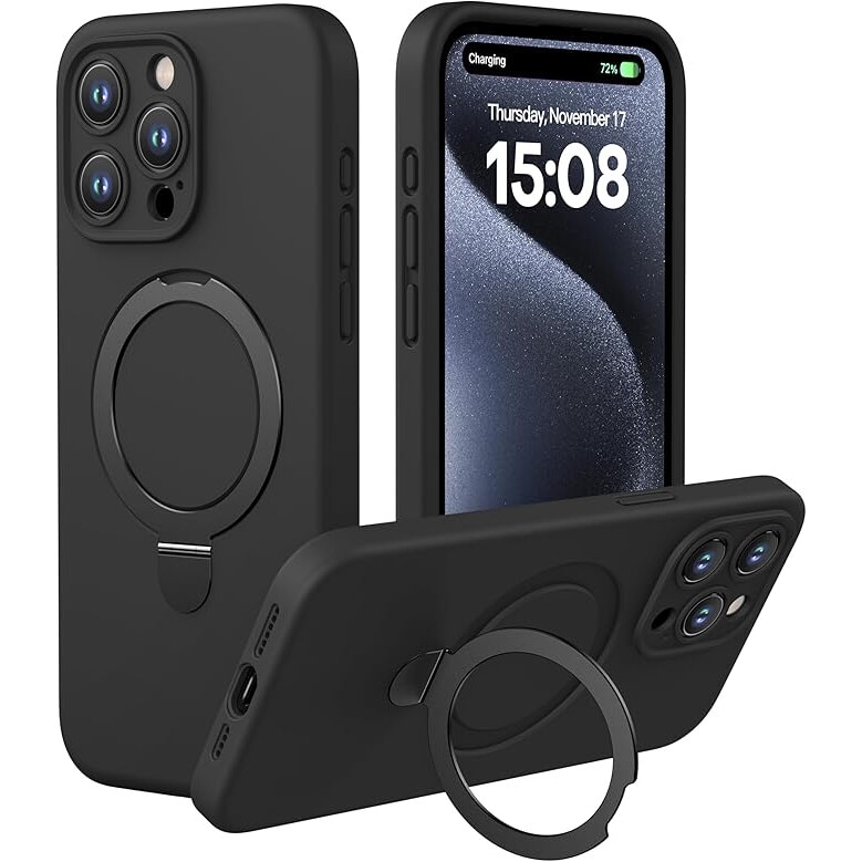 Husa piele pentru iphone 15 Pro, MingZhi®, Silicon Leather Case, interior microfibra, Compatibil cu husa cu suport cu inel magnetic MagSafe cu protectie completa pentru camera, neagra