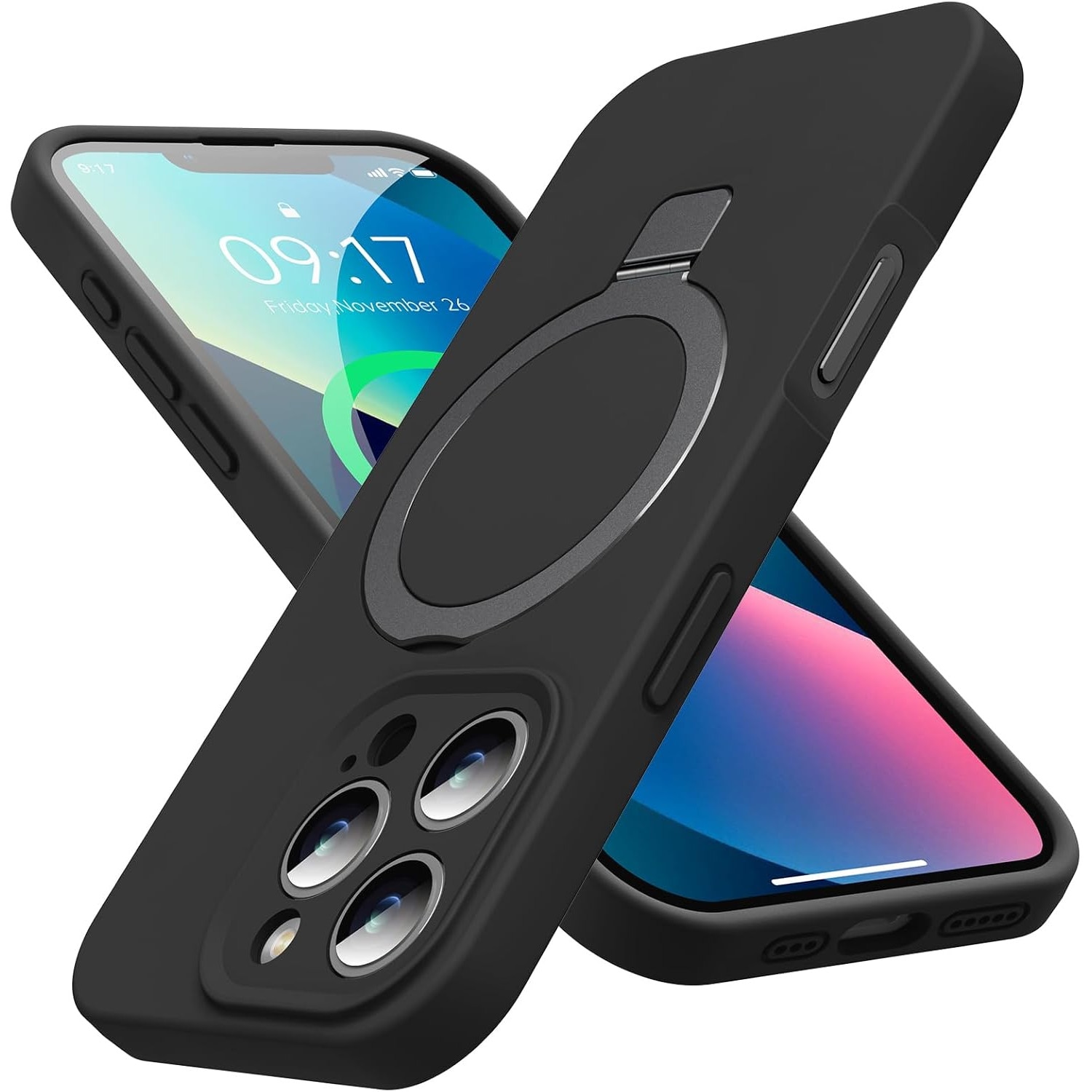 Husa piele pentru iphone 15 Pro Max, MingZhi®, Silicon Leather Case, interior microfibra, Compatibil cu husa cu suport cu inel magnetic MagSafe cu protectie completa pentru camera, neagra
