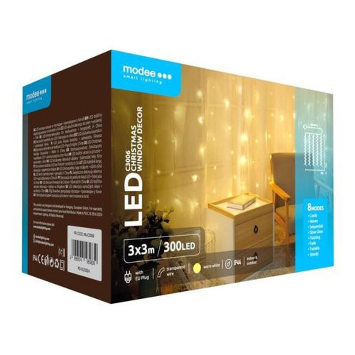 Modee Karácsonyi LED Dekoráció Fényfüggöny Adapteres C3006(300LED/3m x 3m) warm