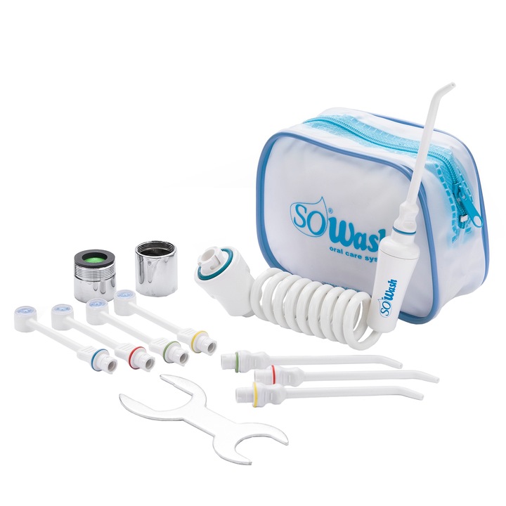 Irigator oral So Wash Family, 8 capete (4 hidrojet + 4 hidropulsor), alb, cuplare la robinet, fara baterii sau curent electric, travel bag