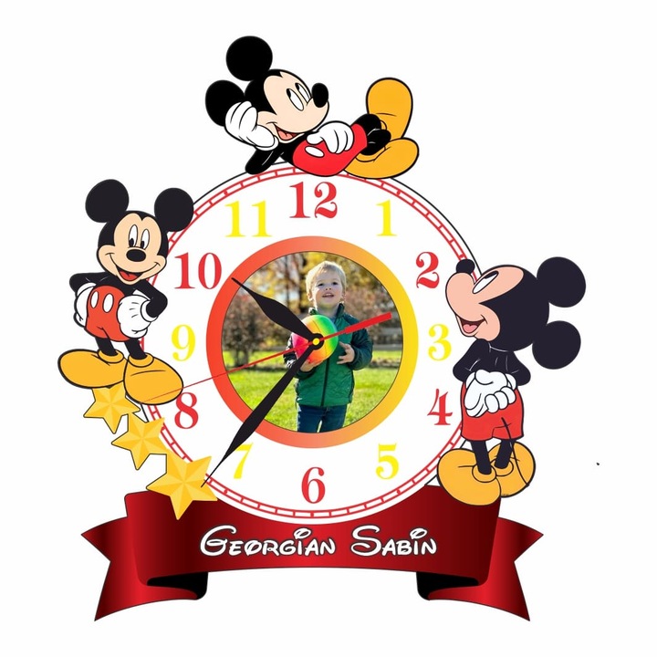Ceas Disney, Personalizat, Mickey Mouse, Lemn, 37x30 cm, CSDUV100