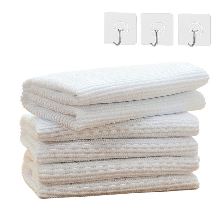 Set 3 lavete din microfibra, alb, pentru curatare umeda si uscata, cu 3 carlige