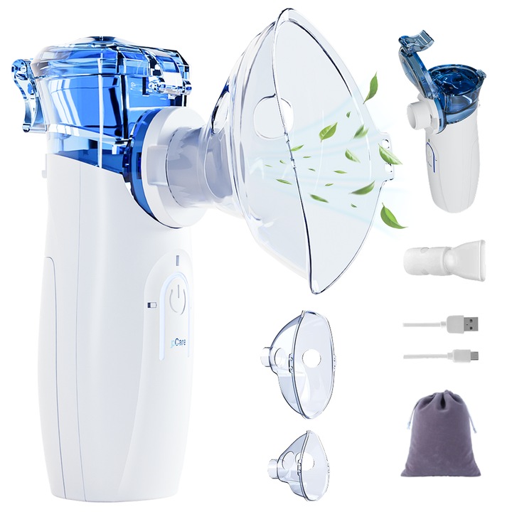 Aparat Aerosoli Portabil Silentios pCare NEO Inhalator Nebulizator Mesh Ultrasonic, Rezervor 8 ml, Terapie Rapida, Auto-Curatare, Baterie 1200 mAh USB-C, Aerosoli Copii & Adulti, Gentuta Transport, Kit Masti Incluse