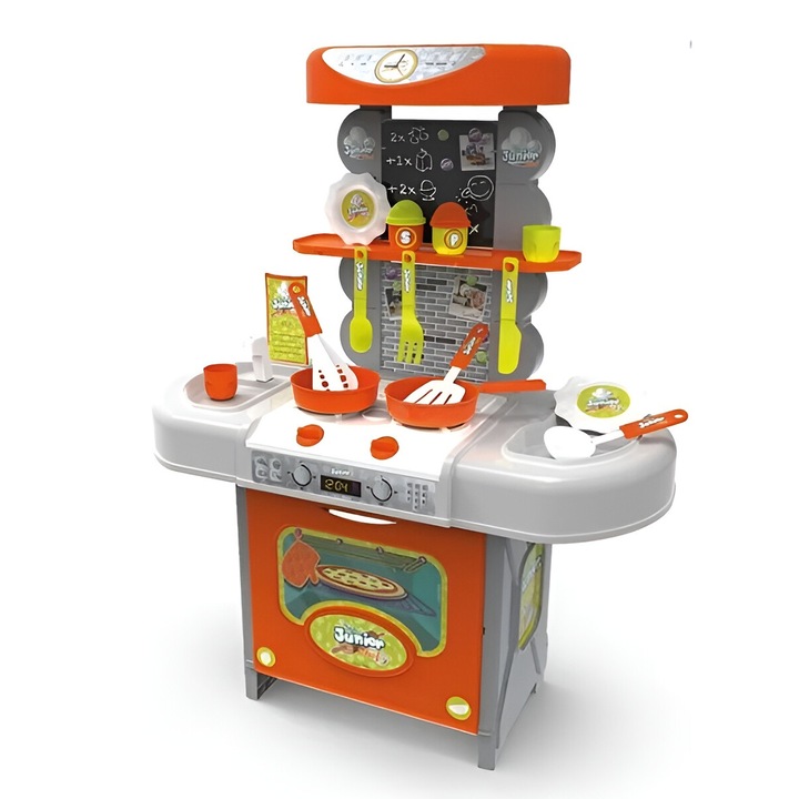 Bucatarie de jucarie cu cuptor, rafturi pentru farfurii si 15 accesorii, lumini si sunete, 67 cm, din plastic, bucatarie copii