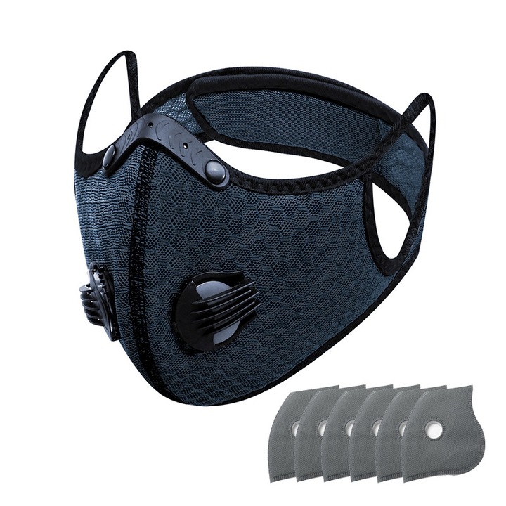 Masca de Protectie, NAXSIR, 5 straturi, 2 Valve, cu 6 Filtru de Carbon, Bretele de Urechi Ajustabile si Valva pentru Expiratie, Pentru alergat, bicicleta, trotineta, Albastru