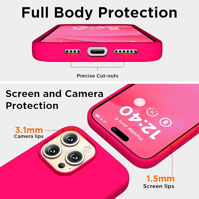 Husa pentru iphone 16 Pro, MingZhi®, husa pentru telefon din silicon lichid, husa pentru intregul corp, rezistenta la socuri, husa pentru telefon ultra subtire, captuseala din microfibra moale rezistenta la zgarieturi, roz