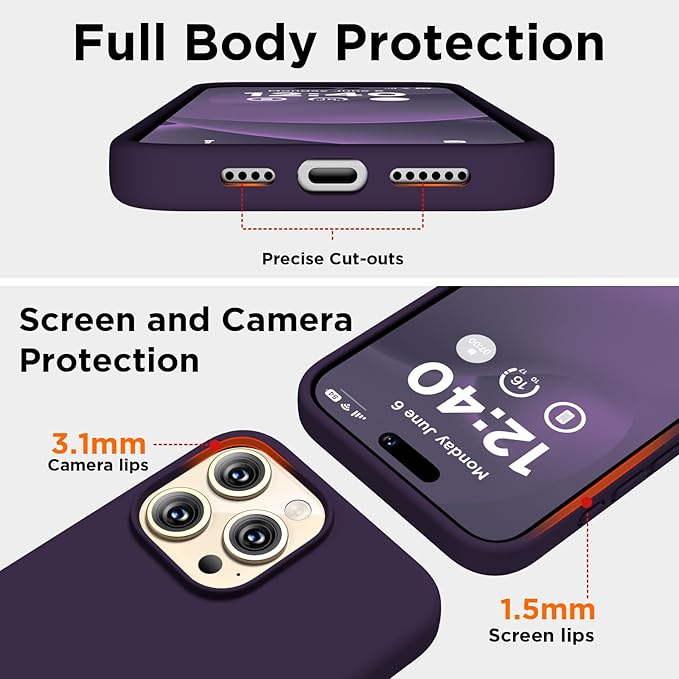 Husa pentru iphone 16 Pro Max, MingZhi®, husa pentru telefon din silicon lichid, husa pentru intregul corp, rezistenta la socuri, husa pentru telefon ultra subtire, captuseala din microfibra moale rezistenta la zgarieturi, Violet