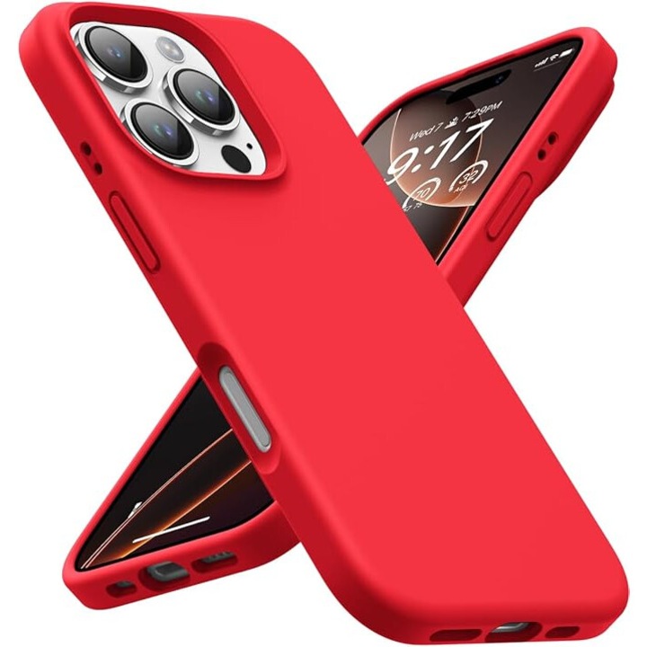 Калъф MingZhi® iPhone 16 Pro, течен силиконов калъф за телефон, пълно покритие, удароустойчив, ултра тънък калъф за телефон, мека микрофибърна подплата против надраскване, червен