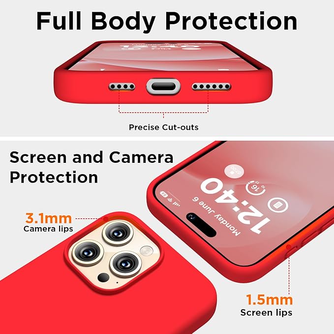 Husa pentru iphone 16 Pro, MingZhi®, husa pentru telefon din silicon lichid, husa pentru intregul corp, rezistenta la socuri, husa pentru telefon ultra subtire, captuseala din microfibra moale rezistenta la zgarieturi, rosu