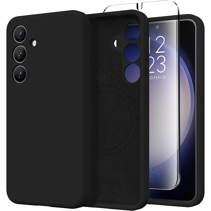 Калъф за Samsung Galaxy S24, Силиконов калъф за телефон MingZhi®, Мека устойчива на надраскване микрофибърна подплата, Ултратънък удароустойчив калъф за цялото тяло, Безжична стойка за зареждане, Черен