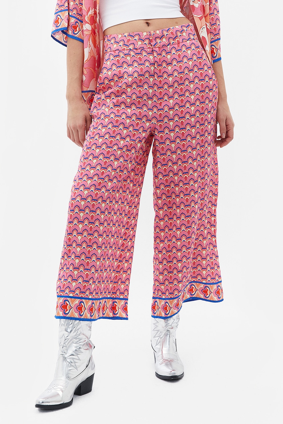 OXXO, Pantaloni cu croiala ampla si imprimeu abstract, Rosu deschis, 40